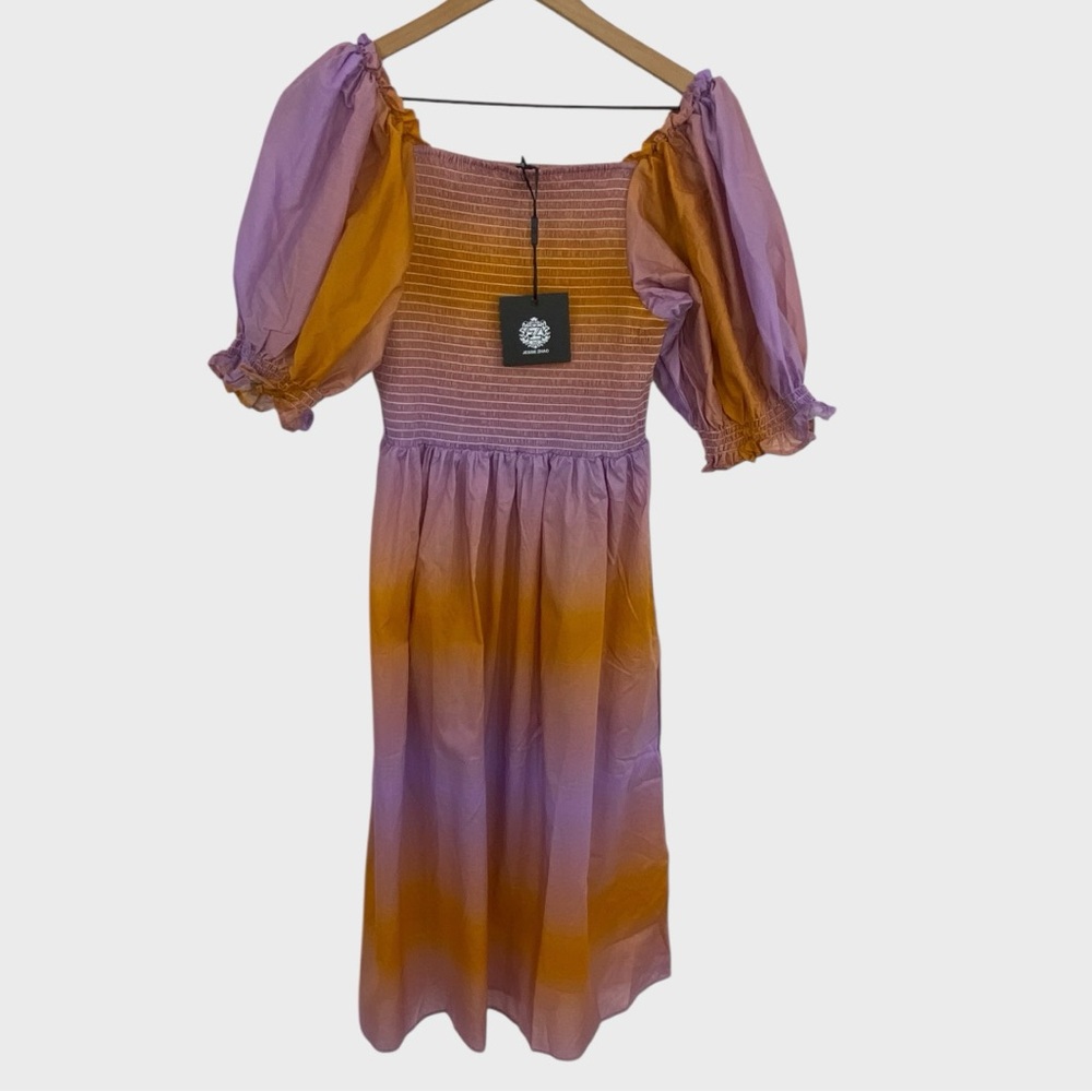 Jessie Zhao NWT Sunset Purple Orange Smocked Cotton Midi Dress Size XS